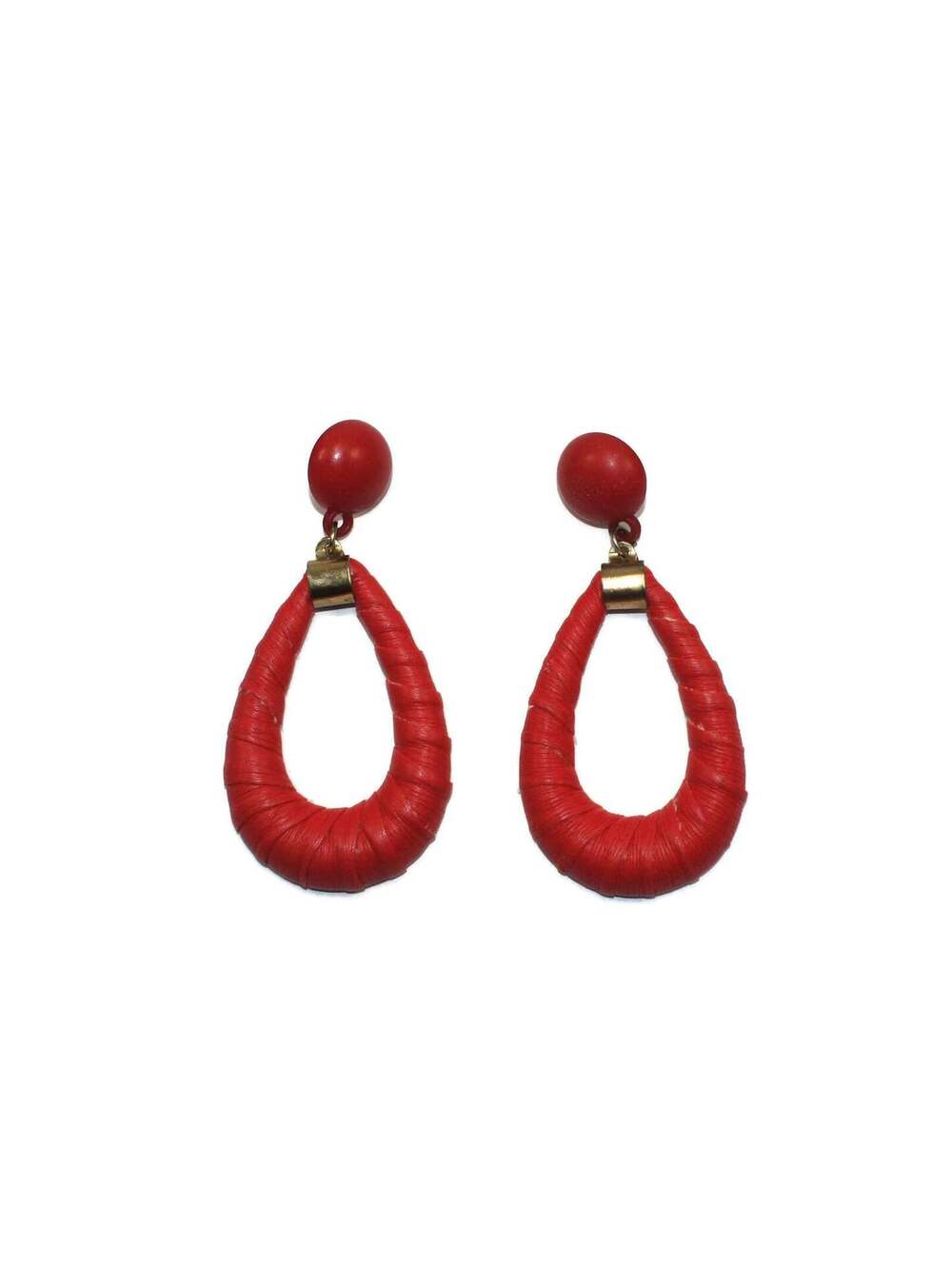 Vintage Gold Tone Red Plastic and Wrapped Faux Red Leather Dangle Earrings.